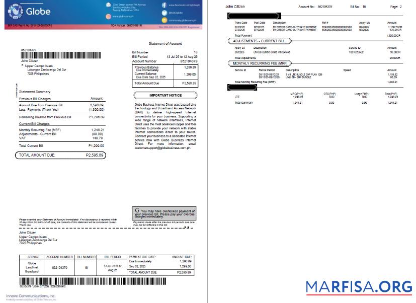 Blank Philippines Globe utility bill template in Word and PDF formats, 2 pages